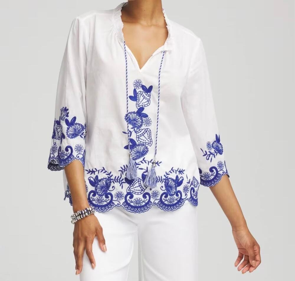 Chicos Embroidered Tassel Tie-Front Blouse Women's Peasant Boho size 0 Cotton